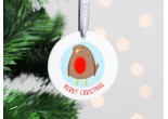 White ceramic christmas tree decoration with the image of a cute robin